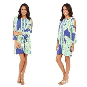 Lilly Pulitzer Ophelia Dress Size Large Latitude Adjustment Print Blue & Green